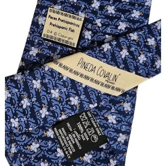 PINEDA COVALIN Men's Silk Necktie LUXURY Tie Blue Prehispanic Fish W:3.7" EUC - Picture 4 of 5